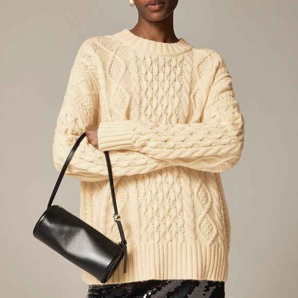 NWT J. Crew Sweater Oversized Cable Knit Crewneck Wool Blend Eggshell Size S - M - Picture 1 of 10